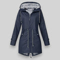 A hooded rain jacket with zip closure, drawcord waist, and striped interior lining displayed flat against a neutral background._0