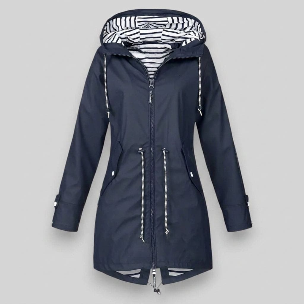 A hooded rain jacket with zip closure, drawcord waist, and striped interior lining displayed flat against a neutral background._0