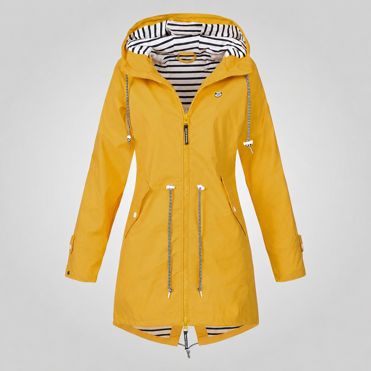 Deborah | Hooded Rain Jacket with Drawcord Waist and Striped Lining