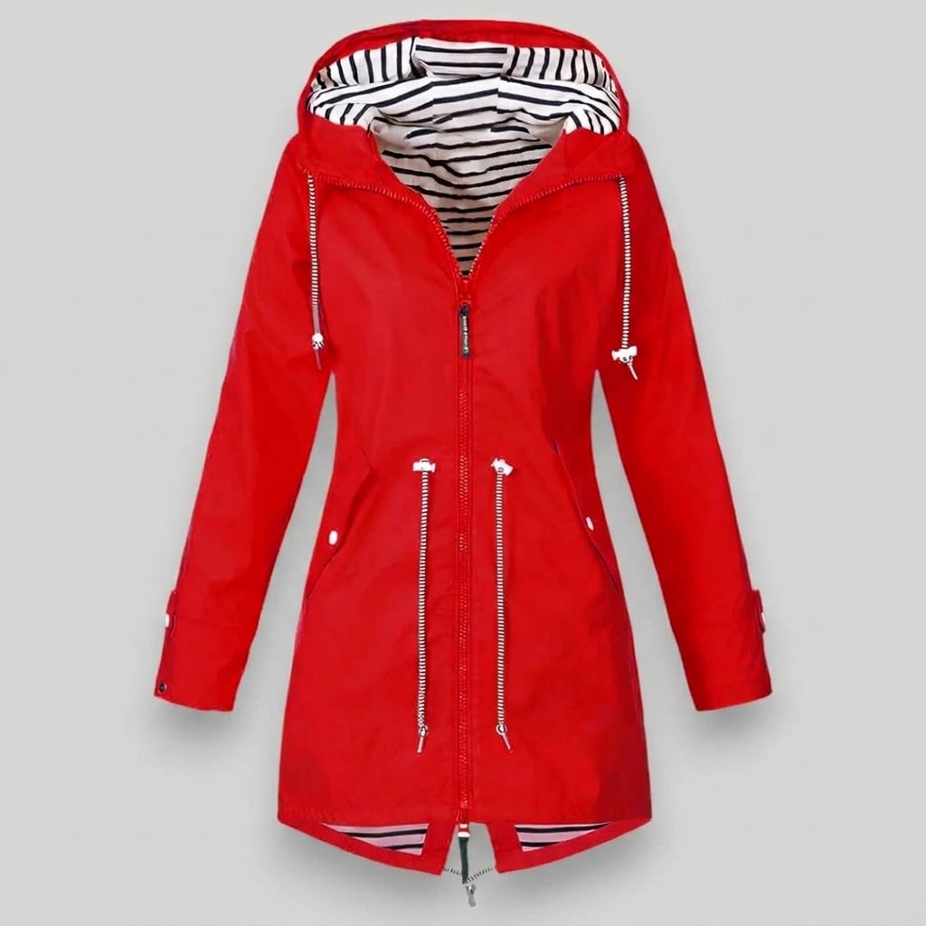 Deborah | Hooded Rain Jacket with Drawcord Waist and Striped Lining