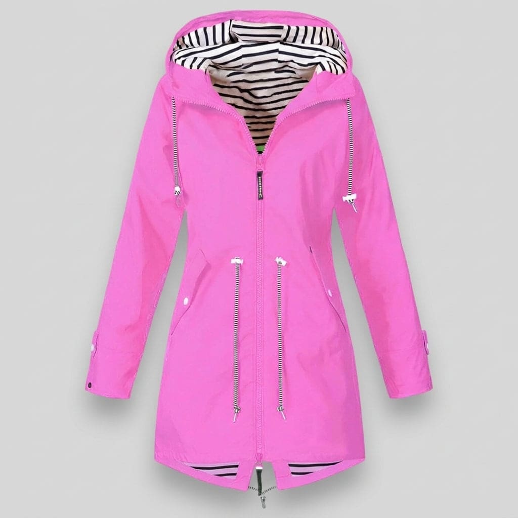 Deborah | Hooded Rain Jacket with Drawcord Waist and Striped Lining