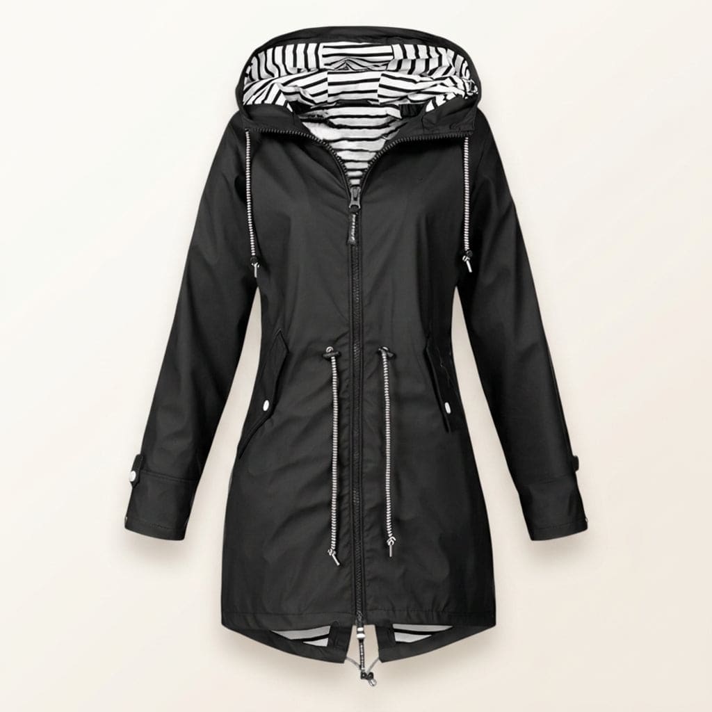 Deborah | Hooded Rain Jacket with Drawcord Waist and Striped Lining