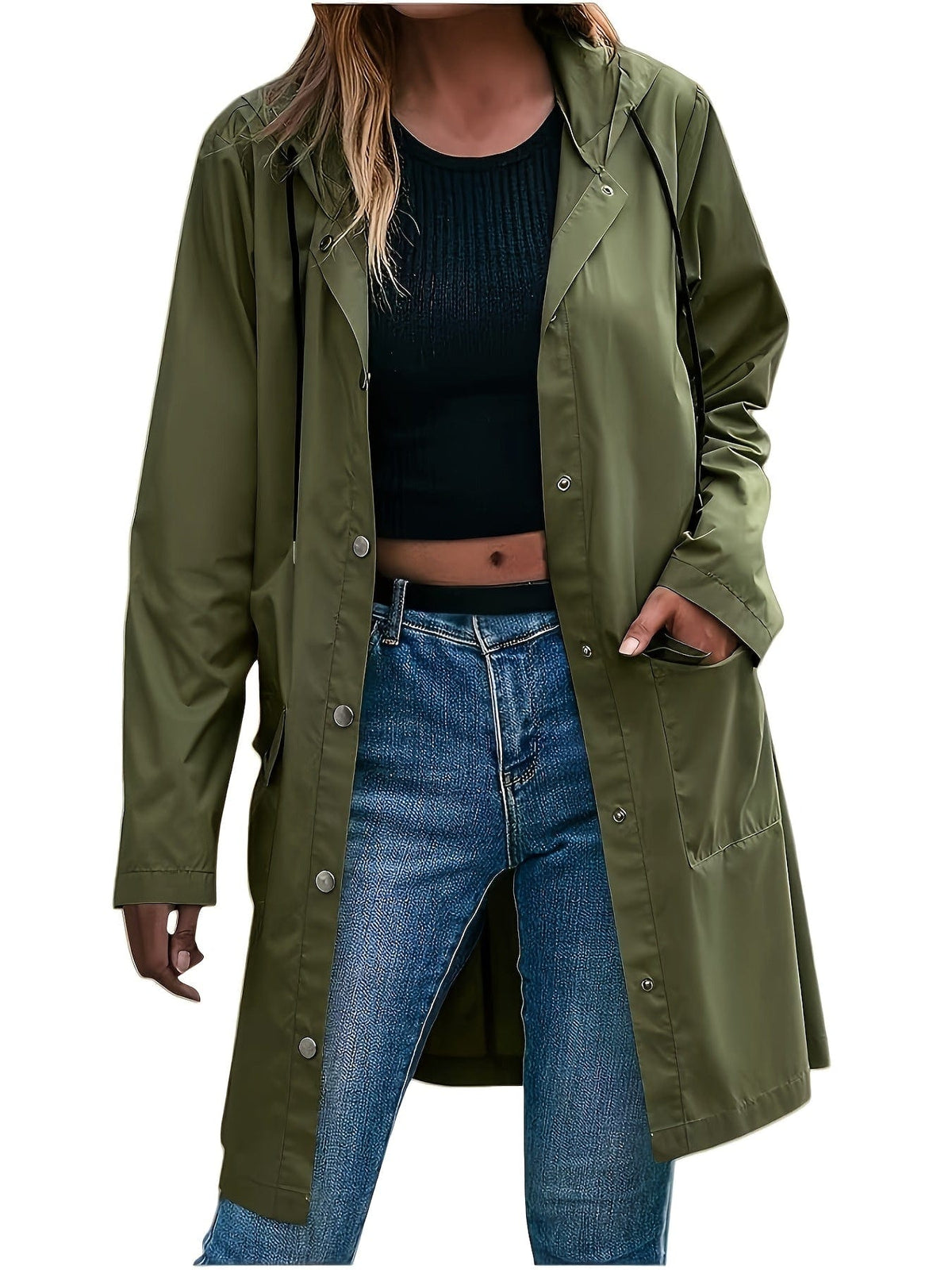 Model wearing a longline hooded trench coat with button-front closure over a black top and jeans._1