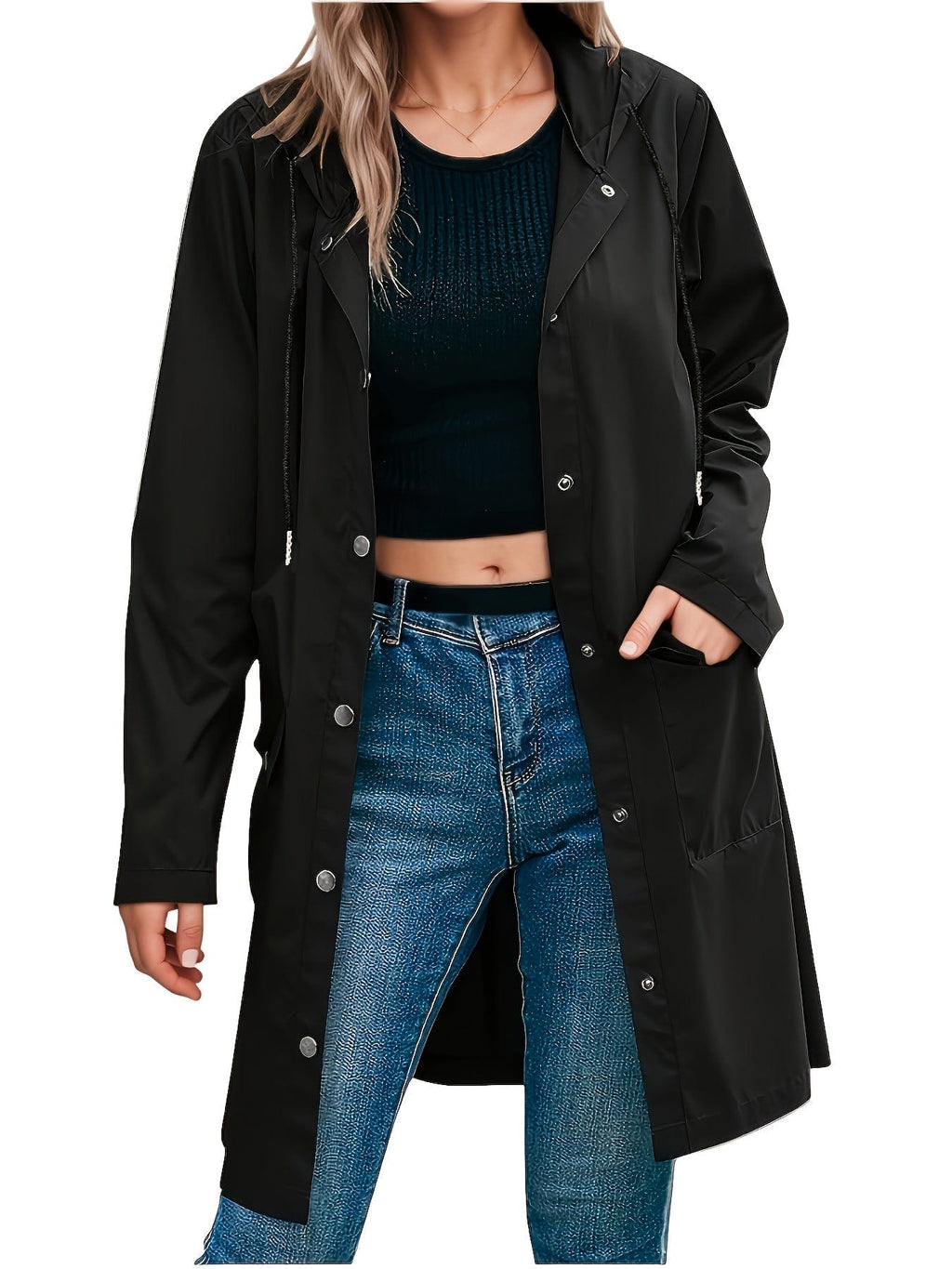 Model wearing a longline hooded trench coat with button-front closure over a black top and jeans._2