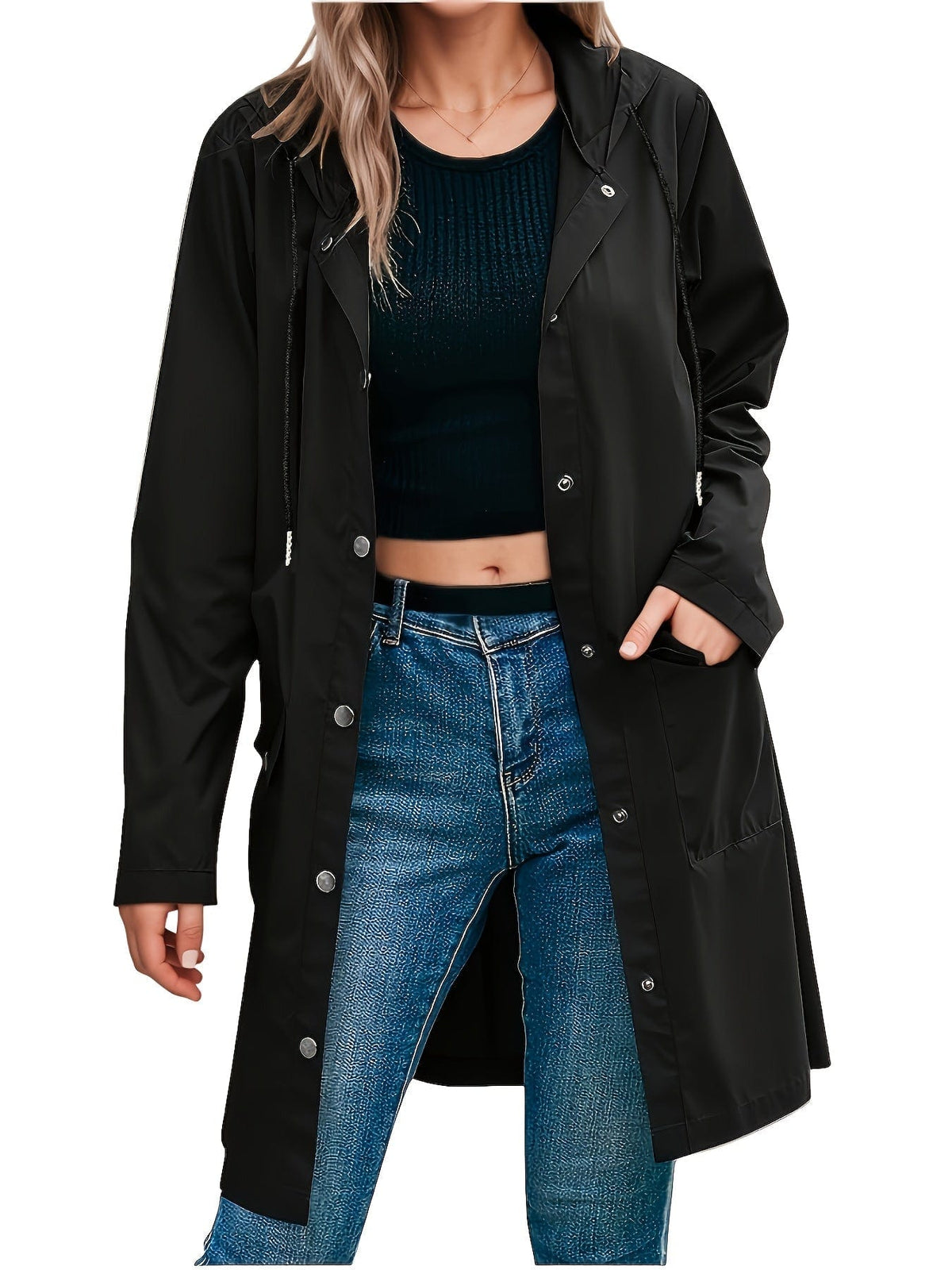 Model wearing a longline hooded trench coat with button-front closure over a black top and jeans._2