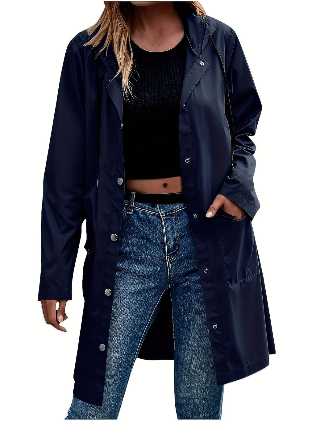 Model wearing a longline hooded trench coat with button-front closure over a black top and jeans._4