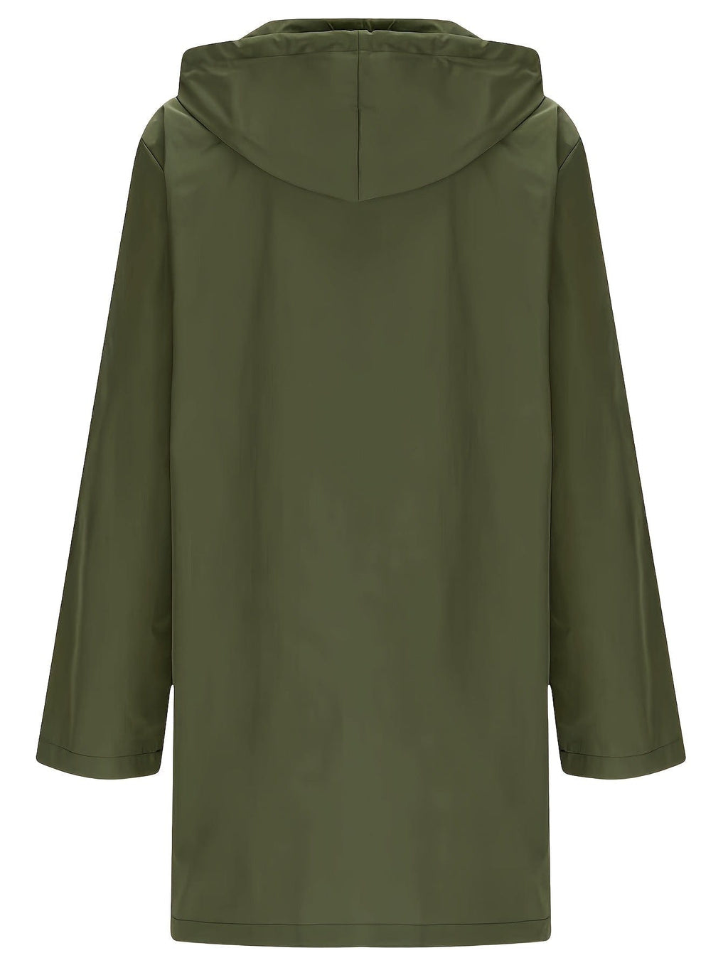 Model wearing a longline hooded trench coat with button-front closure over a black top and jeans._5