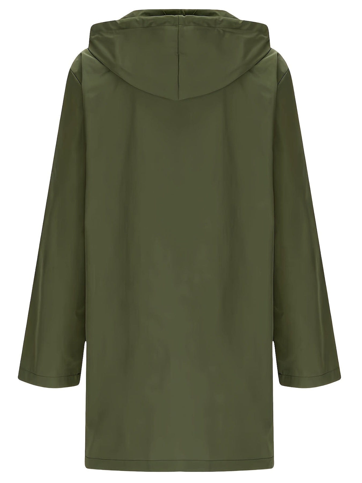 Model wearing a longline hooded trench coat with button-front closure over a black top and jeans._5