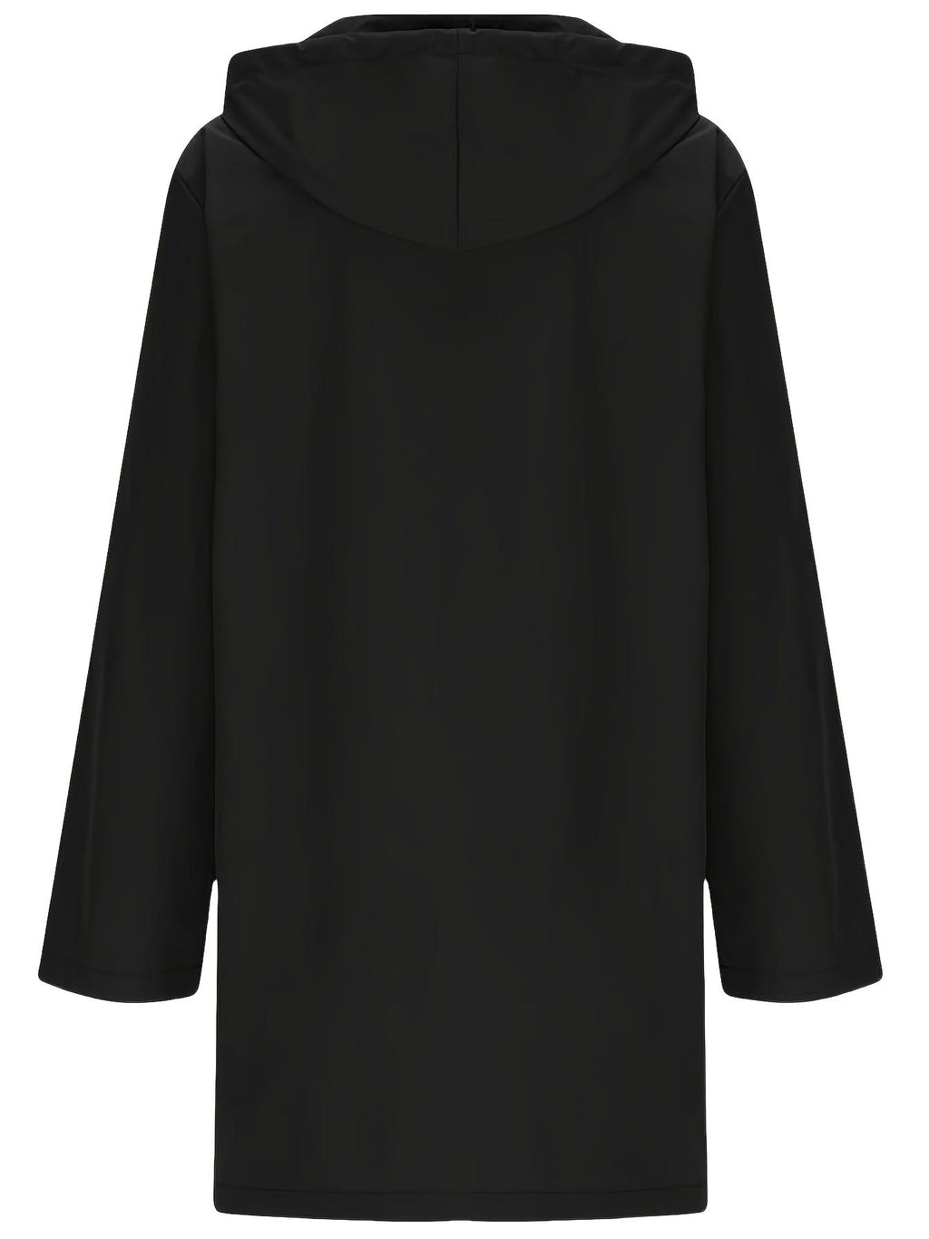Model wearing a longline hooded trench coat with button-front closure over a black top and jeans._6