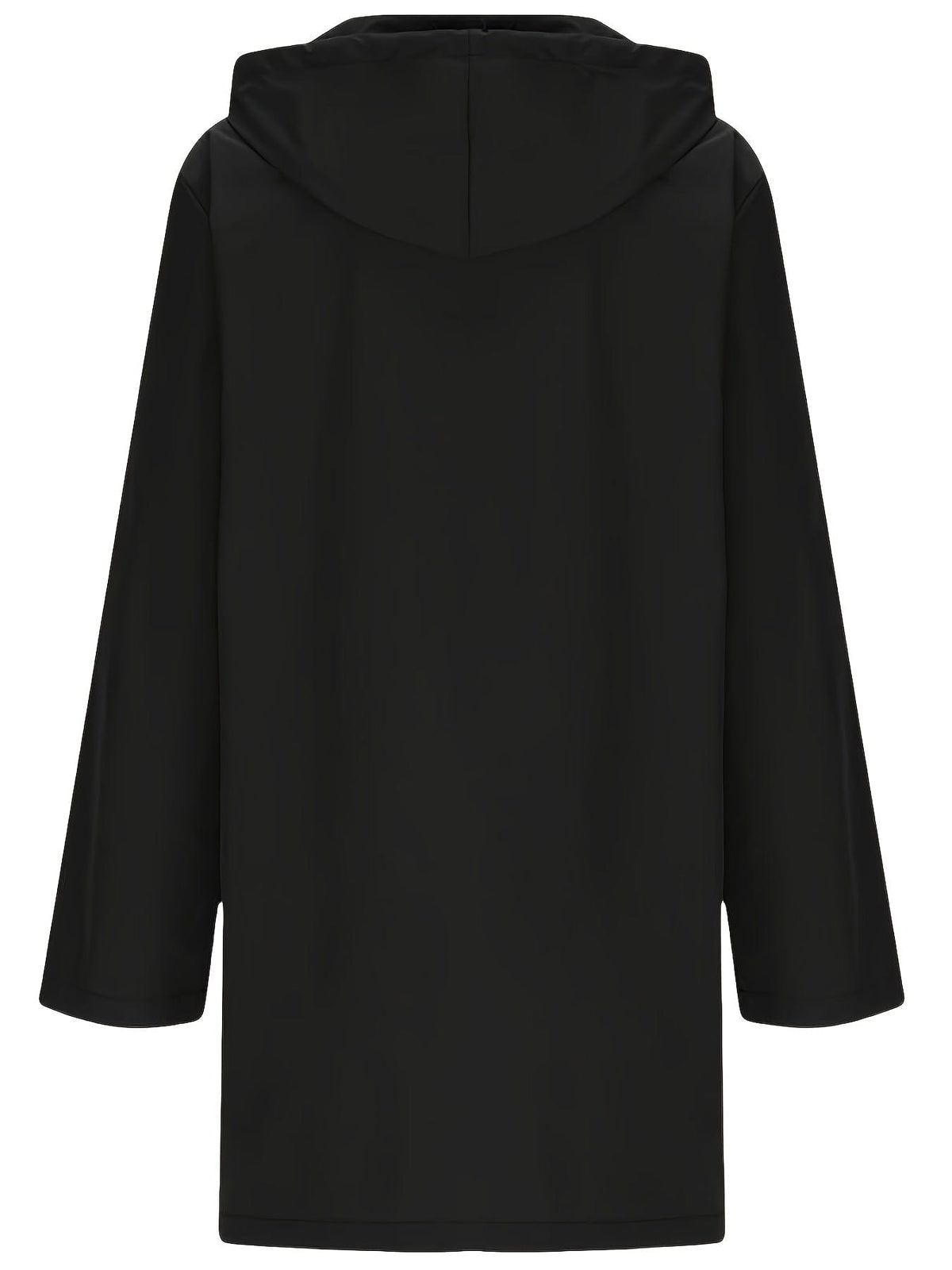 Model wearing a longline hooded trench coat with button-front closure over a black top and jeans._6