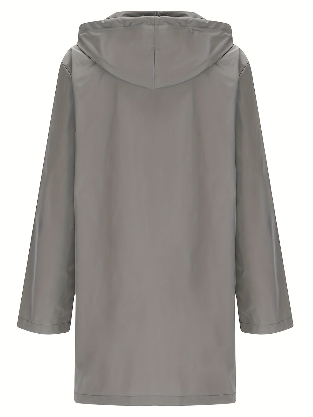 Model wearing a longline hooded trench coat with button-front closure over a black top and jeans._7