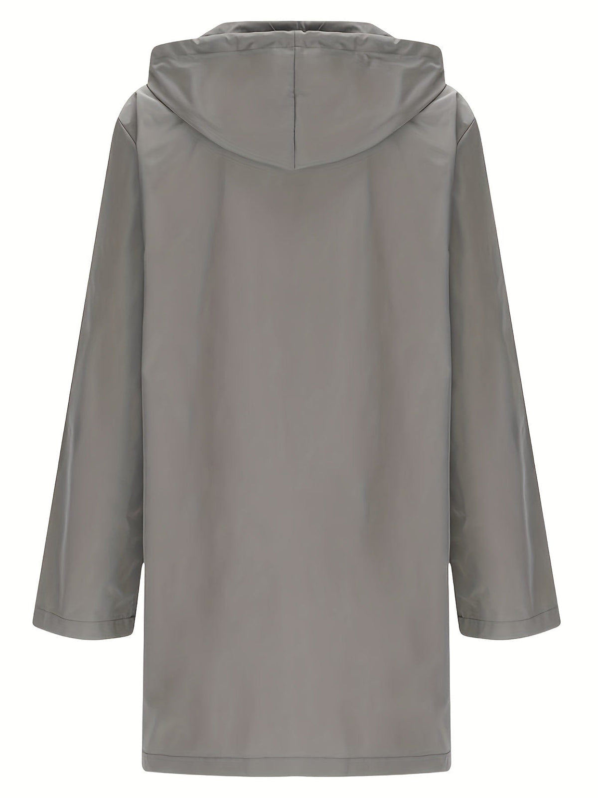 Model wearing a longline hooded trench coat with button-front closure over a black top and jeans._7