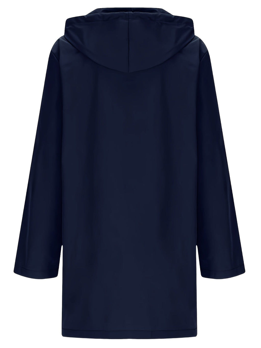 Model wearing a longline hooded trench coat with button-front closure over a black top and jeans._8