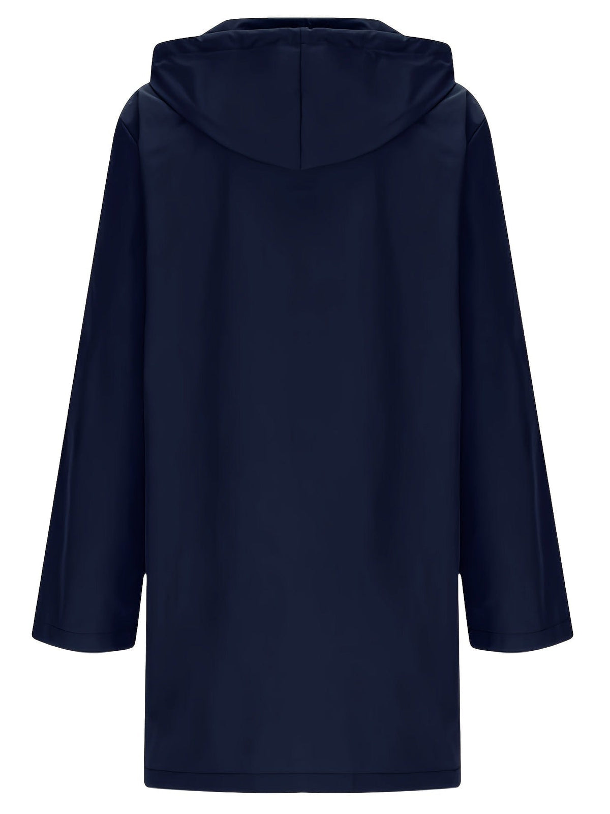 Model wearing a longline hooded trench coat with button-front closure over a black top and jeans._8