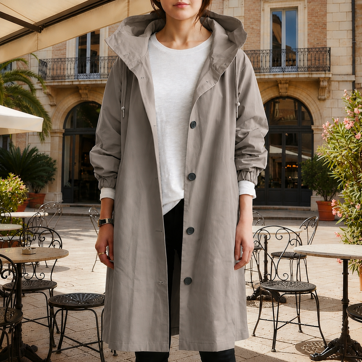 Rebecca | Hooded Waterproof Trench Coat with Button Front Closure