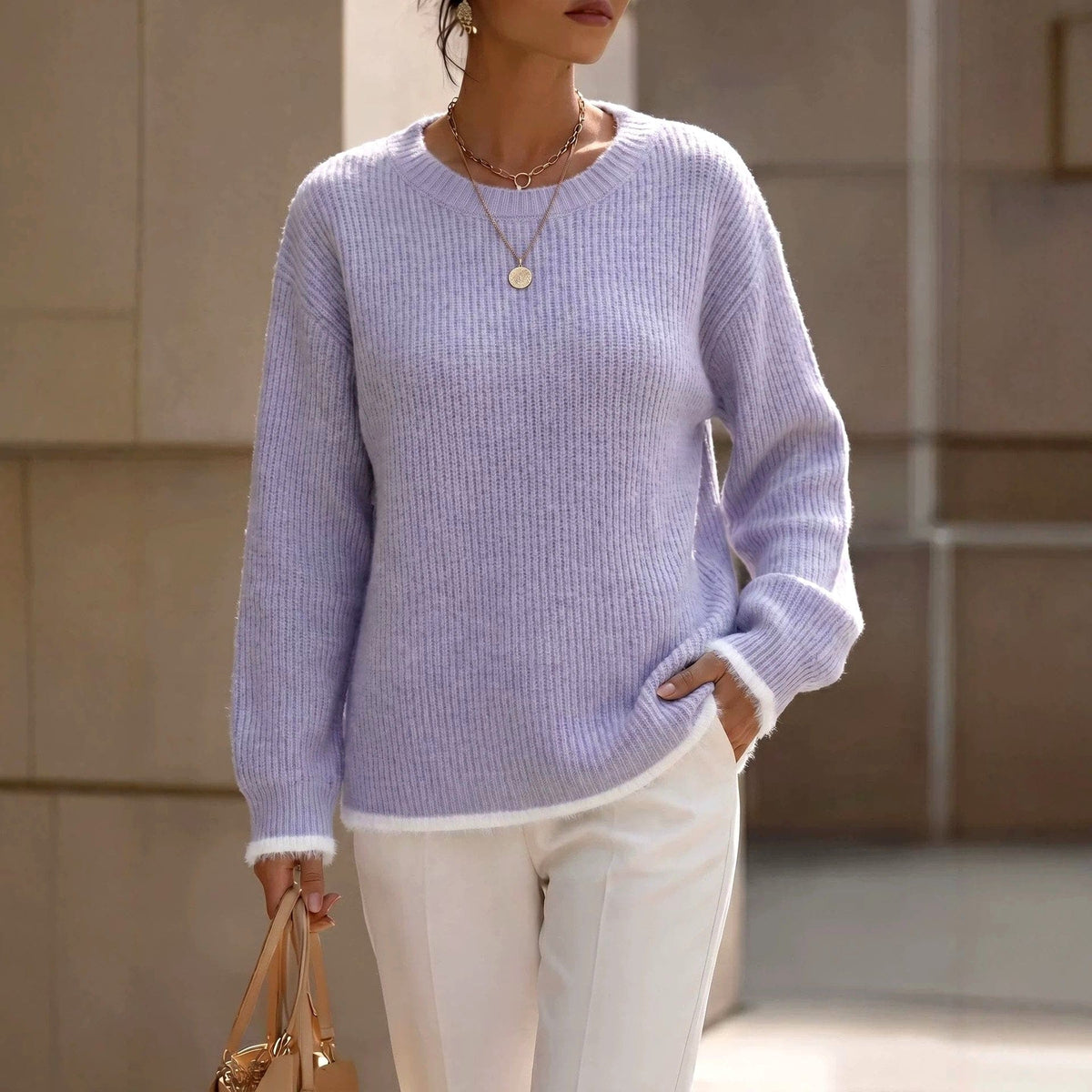 Claire | Light blue ribbed crew neck sweater with contrast white trim