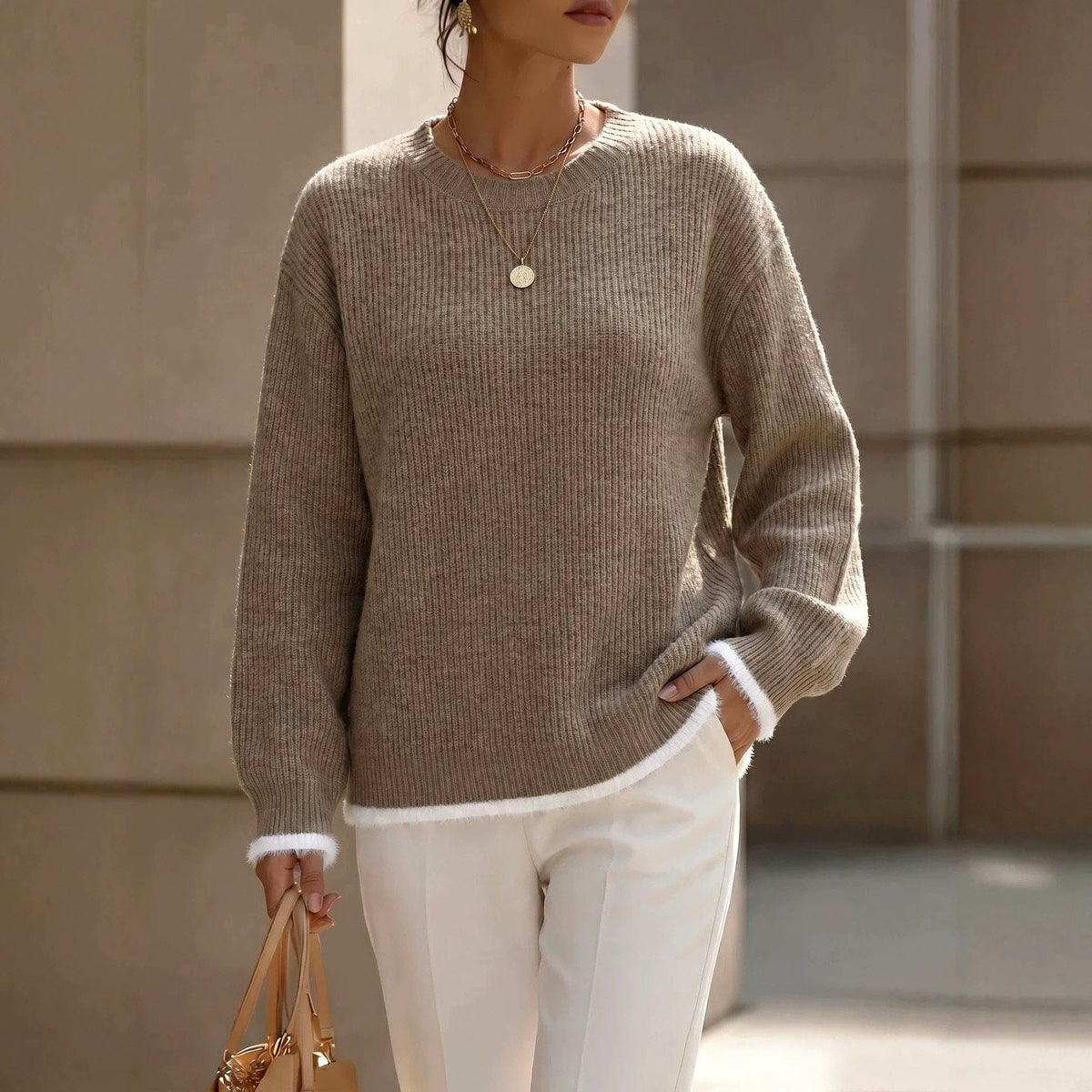 Claire | Light blue ribbed crew neck sweater with contrast white trim