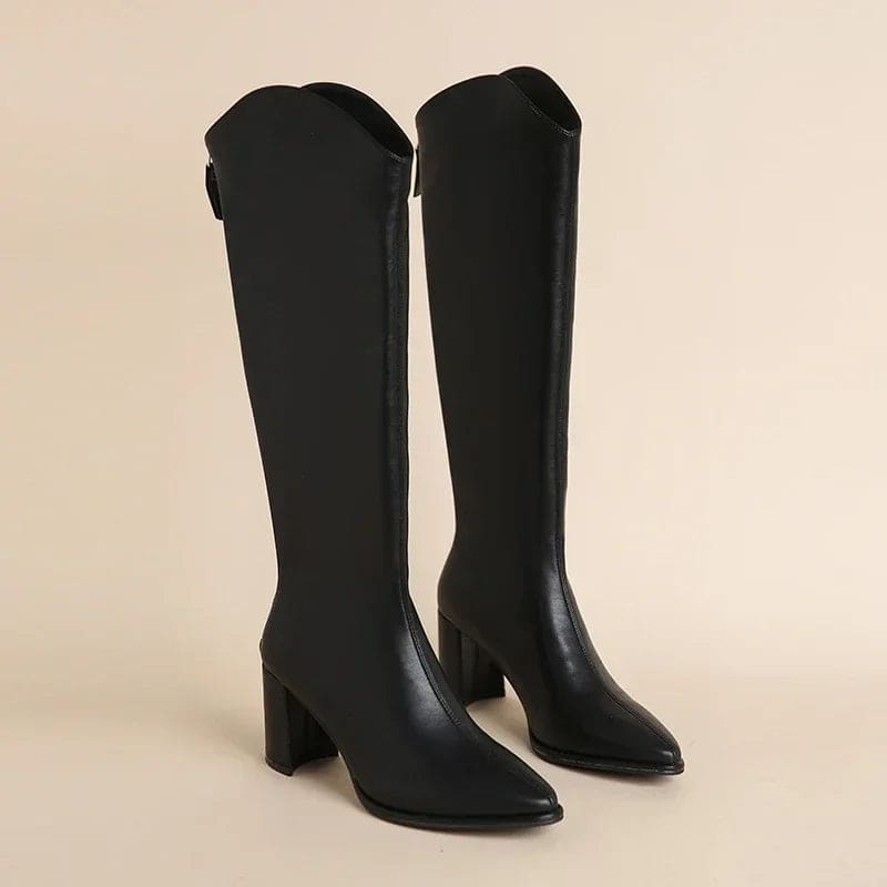 Pair of black knee high boots with pointed toe and block heel displayed against a neutral background._0
