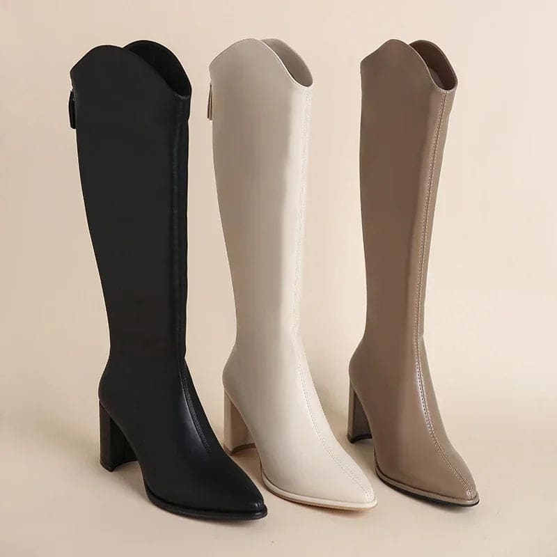 Pair of black knee high boots with pointed toe and block heel displayed against a neutral background._1