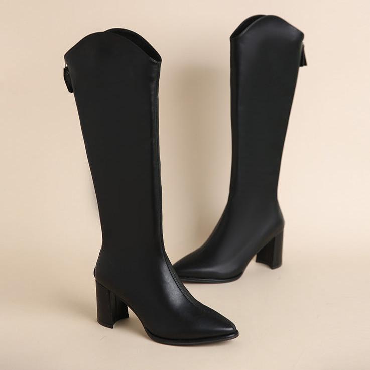 Pair of black knee high boots with pointed toe and block heel displayed against a neutral background._3