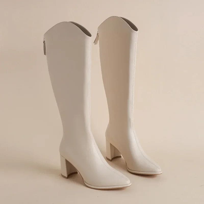 Pair of black knee high boots with pointed toe and block heel displayed against a neutral background._8