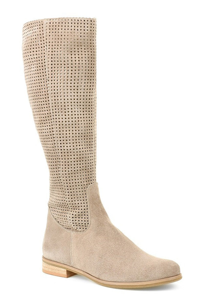 Single taupe knee-high boot displayed against a white background, with a perforated shaft, smooth lower section, and low heel.