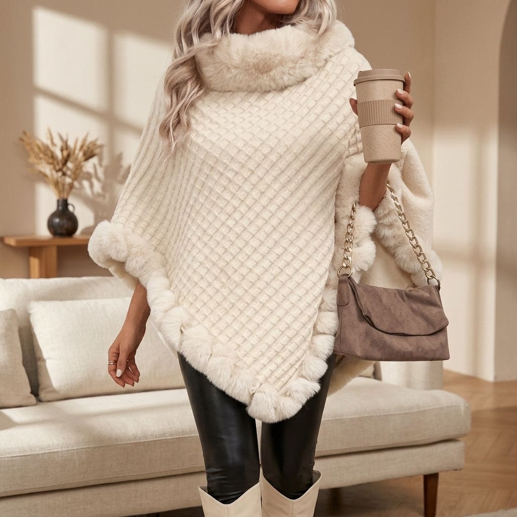 Woman wearing an oversized knit poncho with faux fur trim while holding a coffee cup in a modern living room setting._0