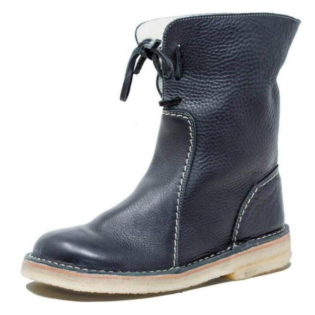 A mid-calf boot in dark grey with a textured upper, lace-up detail at the top, contrast stitching, and a light-colored cushioned sole._0