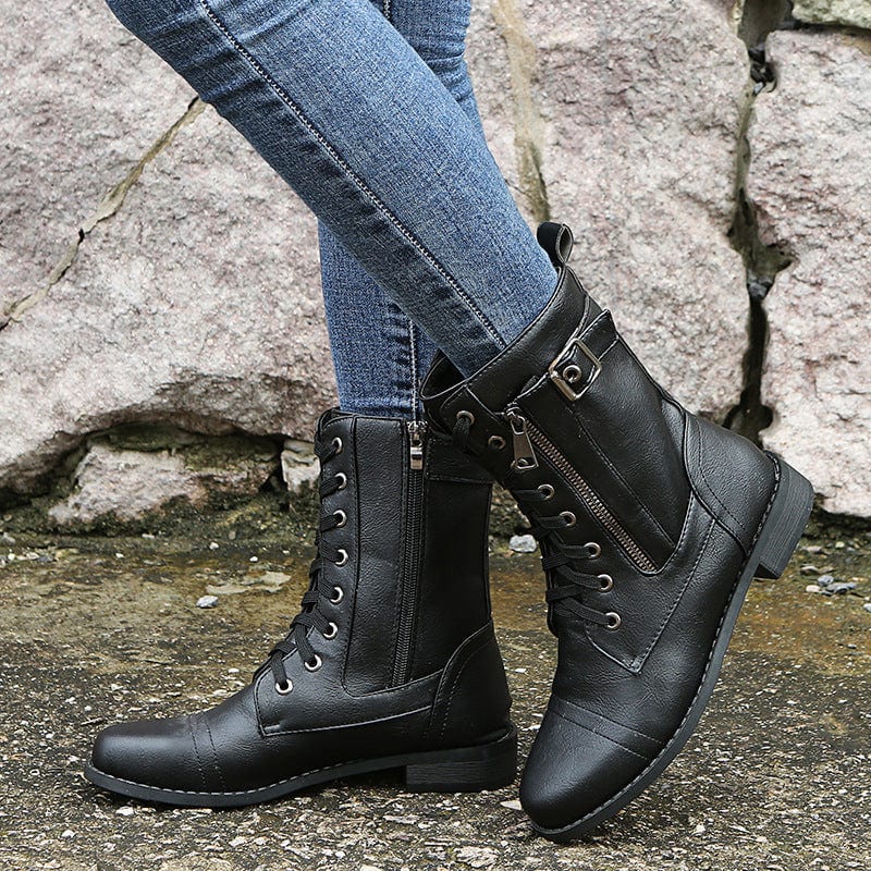 Amy | Lace-Up Combat Boots with Side Zipper and Buckle Detail