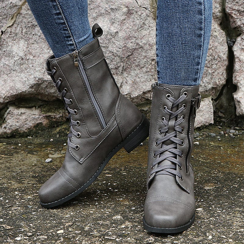 Amy | Lace-Up Combat Boots with Side Zipper and Buckle Detail