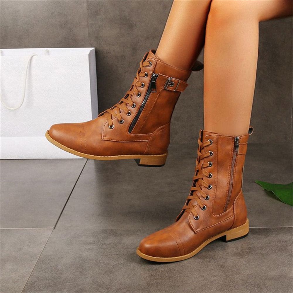 Kelly | Lace-Up Combat Boots with Side Zipper and Low Block Heel