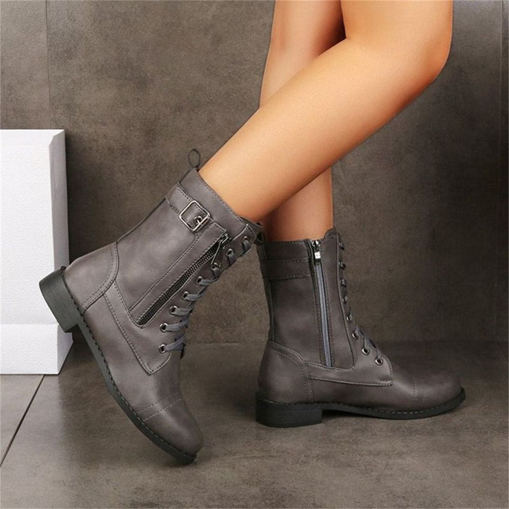 Kelly | Lace-Up Combat Boots with Side Zipper and Low Block Heel