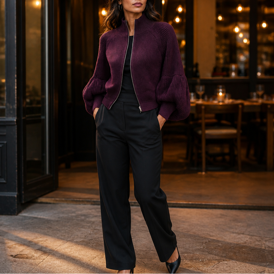 Full-length styling of the burgundy cropped cardigan worn open over a black top with wide-leg black trousers.