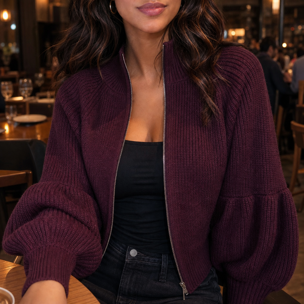 Front view of the burgundy cardigan worn open over a black top, highlighting its fitted body, exposed zipper, and gathered lantern sleeves.