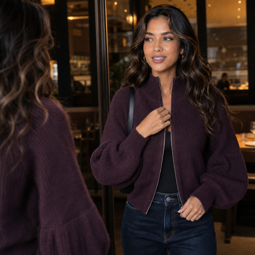 The burgundy zip-up cardigan shown on a model adjusting the front zipper, with rounded lantern sleeves and a cropped hem.