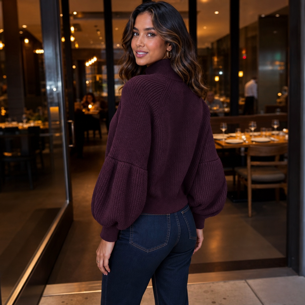 Back view of the burgundy cardigan, highlighting the raised collar, cropped hem, and gathered volume through the sleeves.