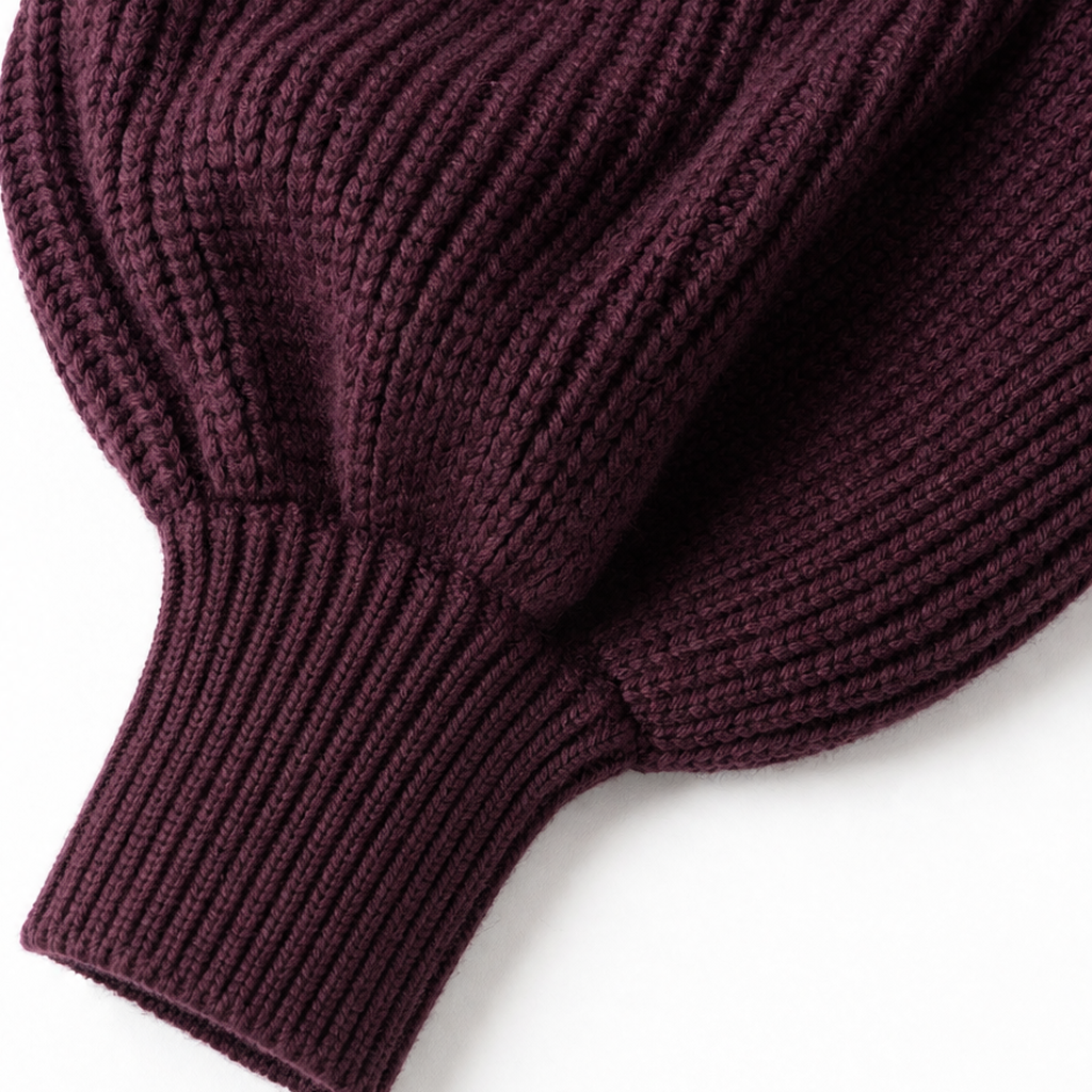 Detail of the cardigan sleeve showing its rounded lantern shape transitioning into a fitted ribbed cuff.