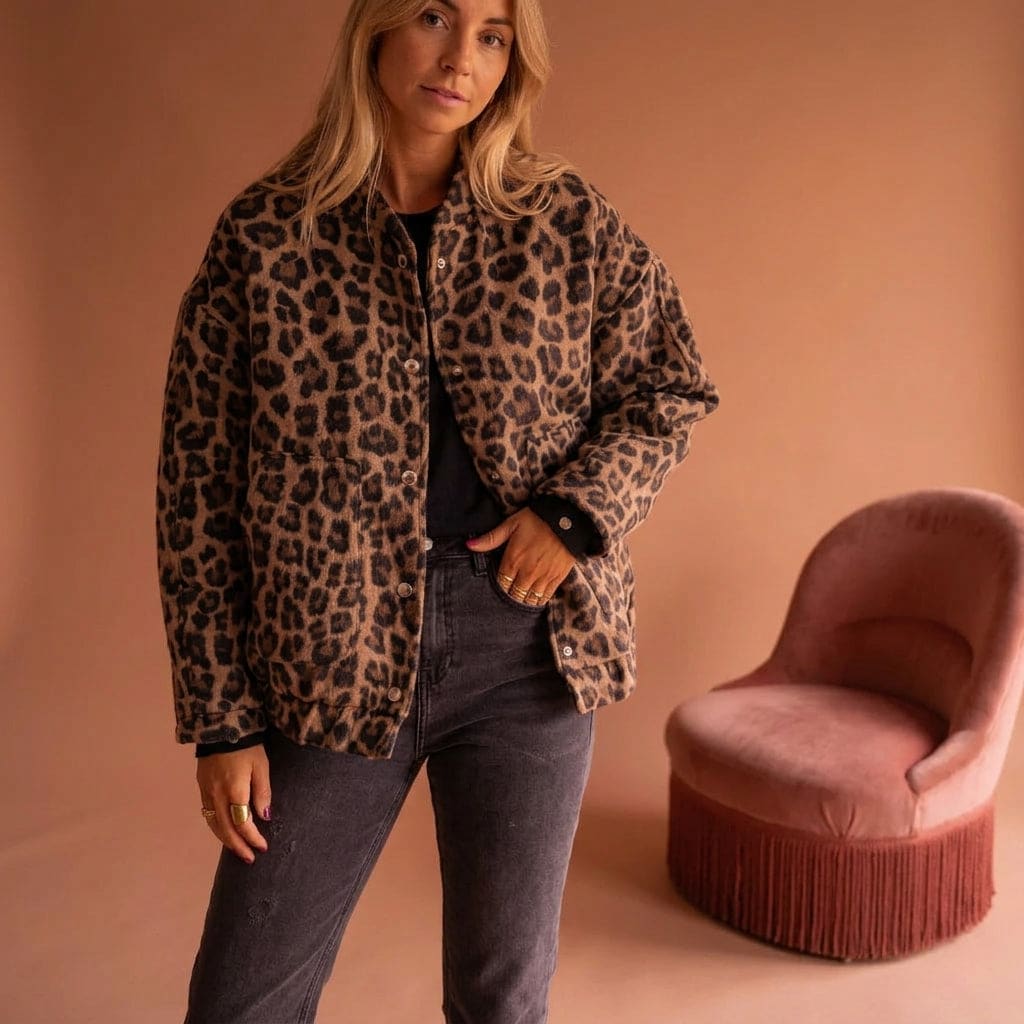 Woman wearing a leopard print bomber jacket with ribbed cuffs and snap button closures against a neutral background._1