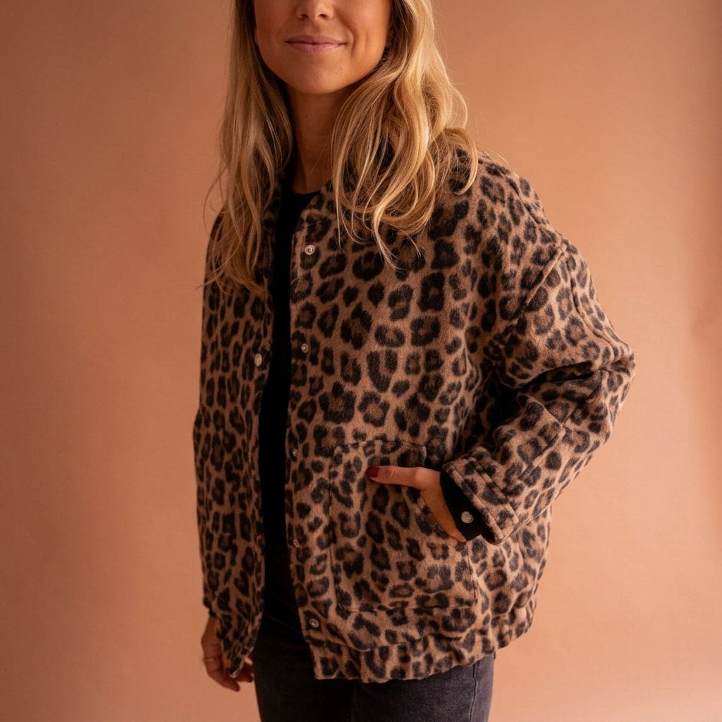 Woman wearing a leopard print bomber jacket with ribbed cuffs and snap button closures against a neutral background._2