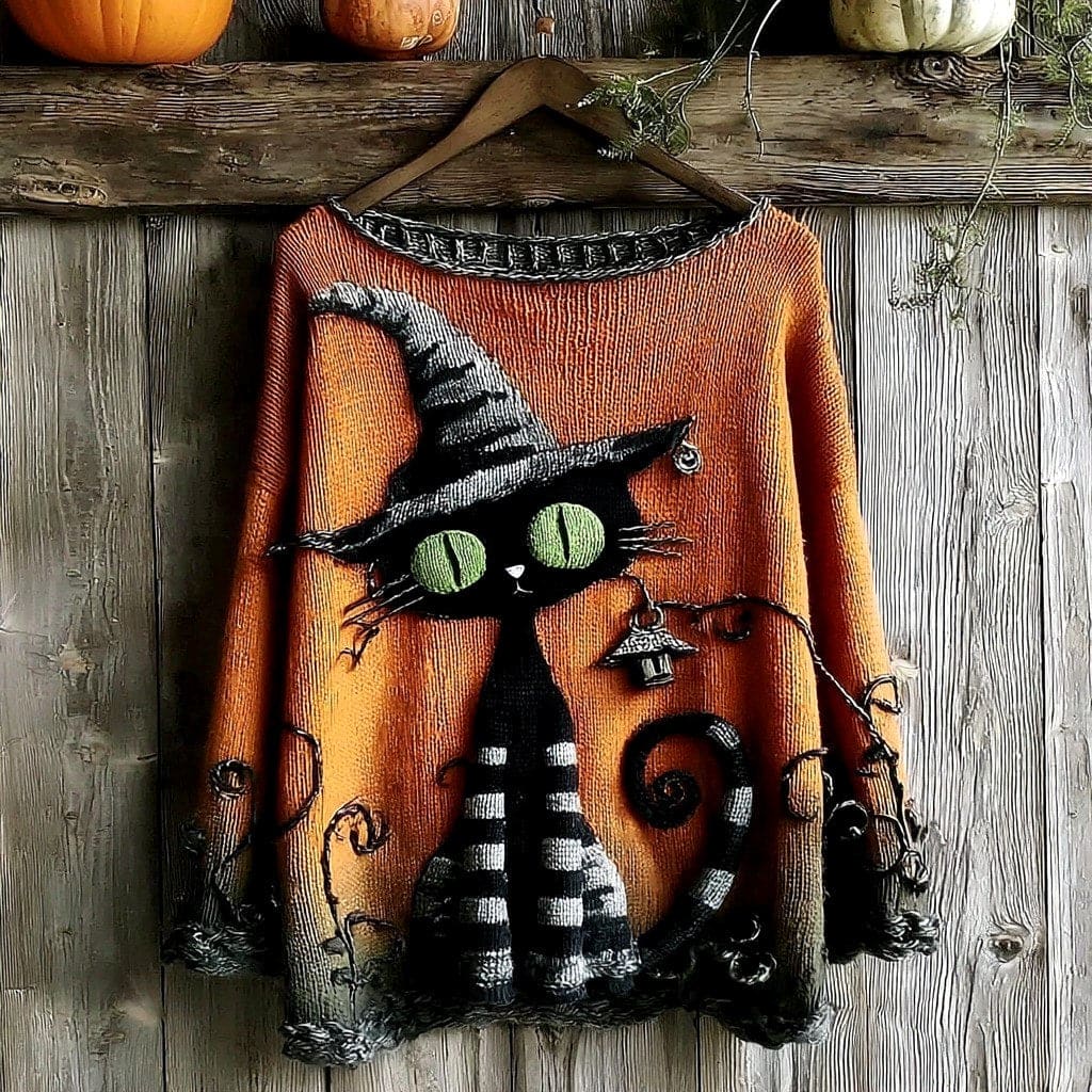 Orange knitted sweater on a wooden hanger with a black cat wearing a striped witch hat, green eyes, striped legs and a curling tail, hung against weathered wood boards with pumpkins above._0