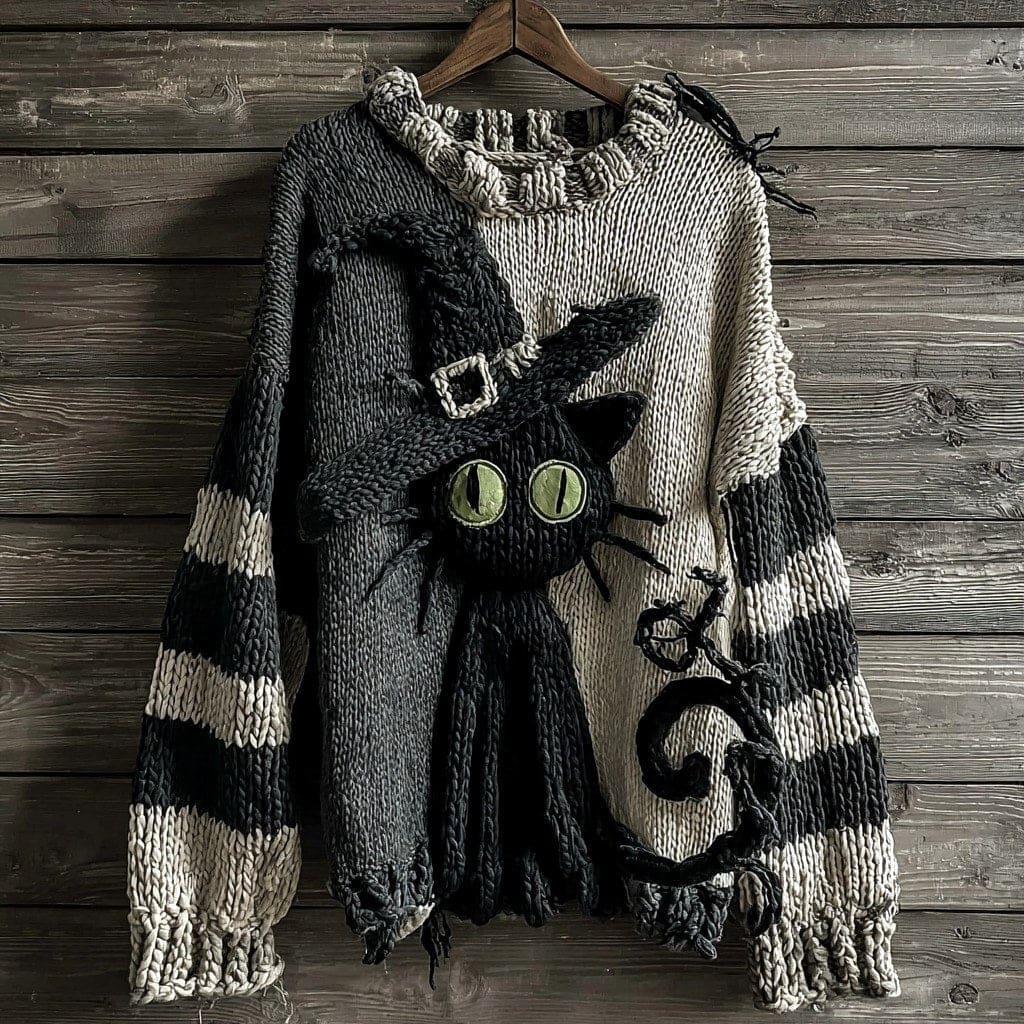 Janet | orange knitted halloween black cat witch hat pullover sweater