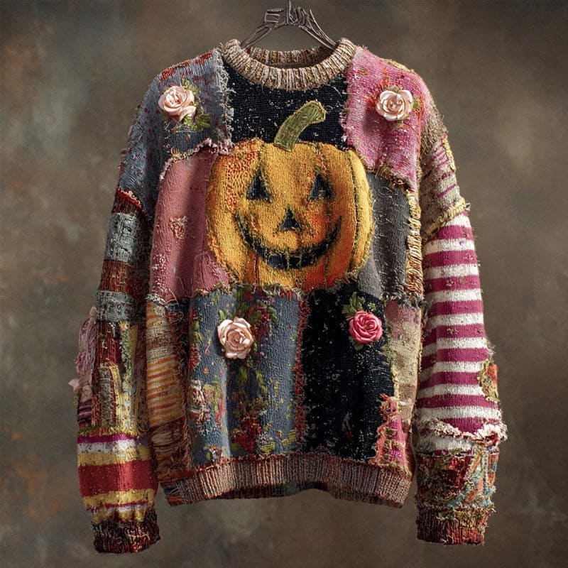 Janet | orange knitted halloween black cat witch hat pullover sweater