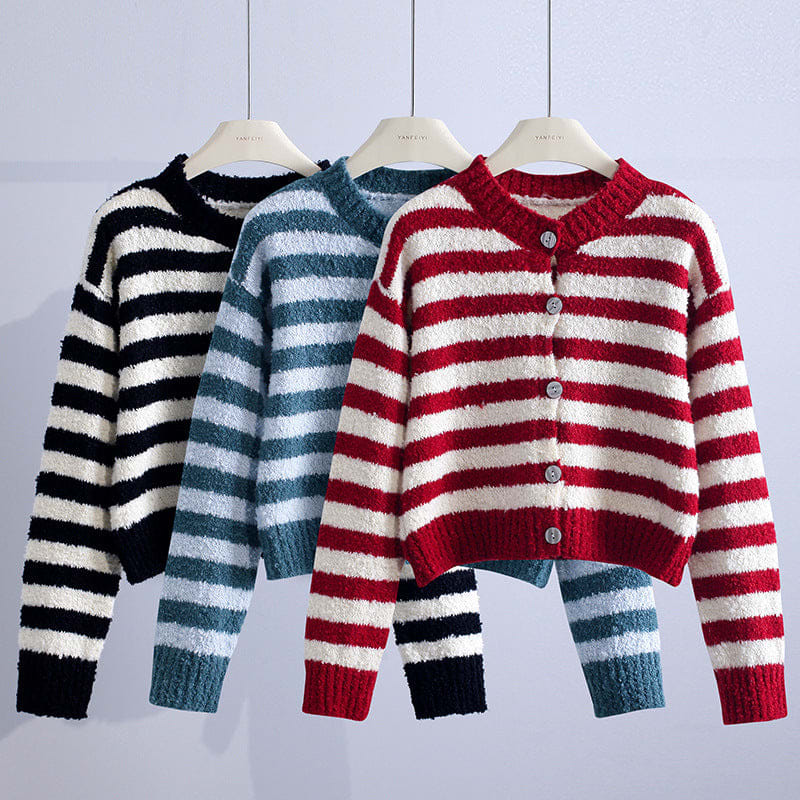 A striped cropped cardigan with a round neckline, button front, long sleeves, and ribbed trim hangs on a hanger._4