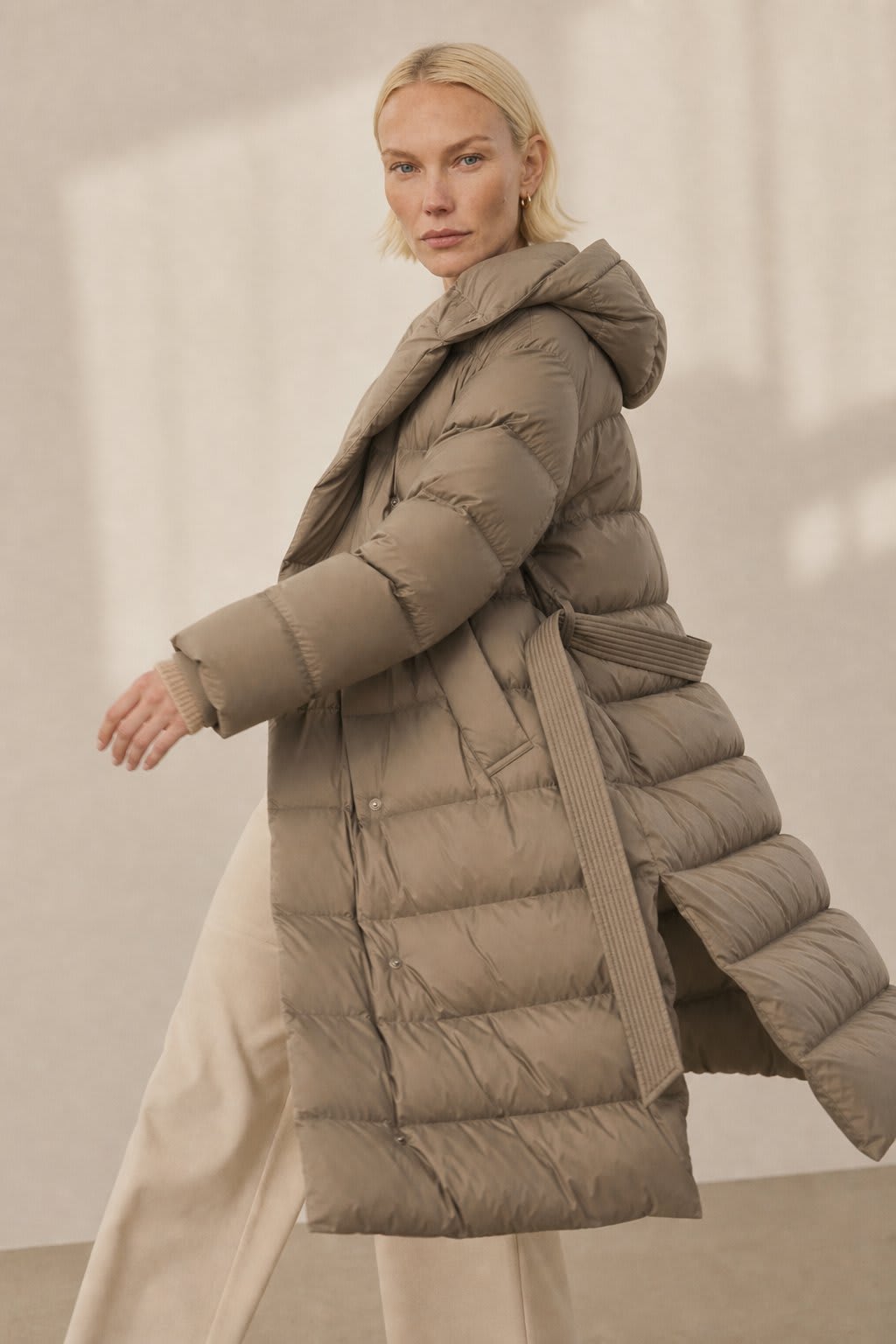 Christine | long belted puffer coat with oversized hood