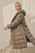Christine | long belted puffer coat with oversized hood