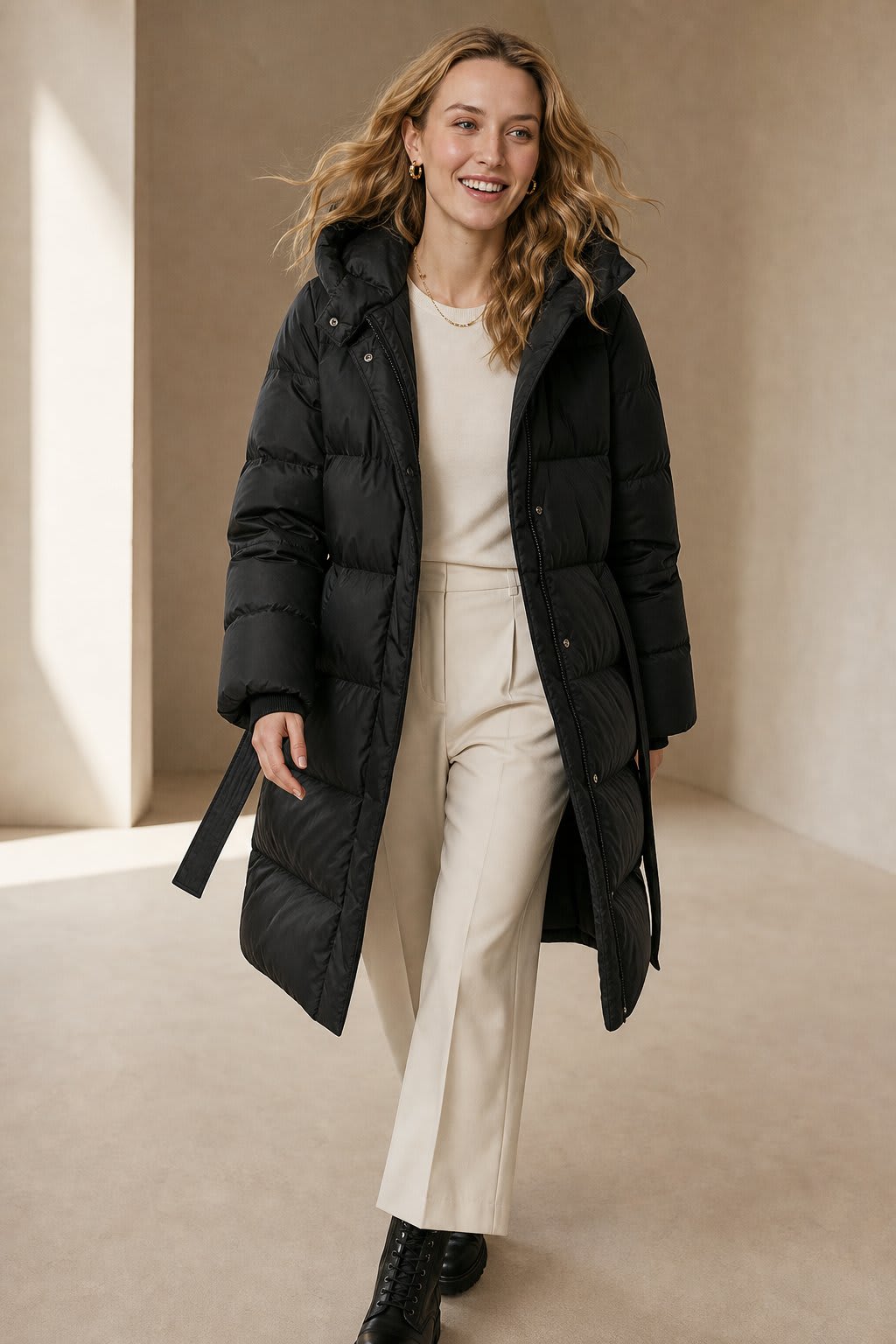 Christine | long belted puffer coat with oversized hood