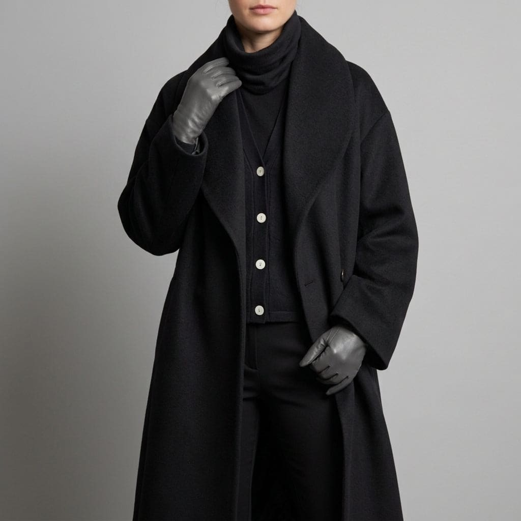 Woman wearing a long black coat with wide collar, button front closure, and relaxed fit, styled with gloves and a scarf._0