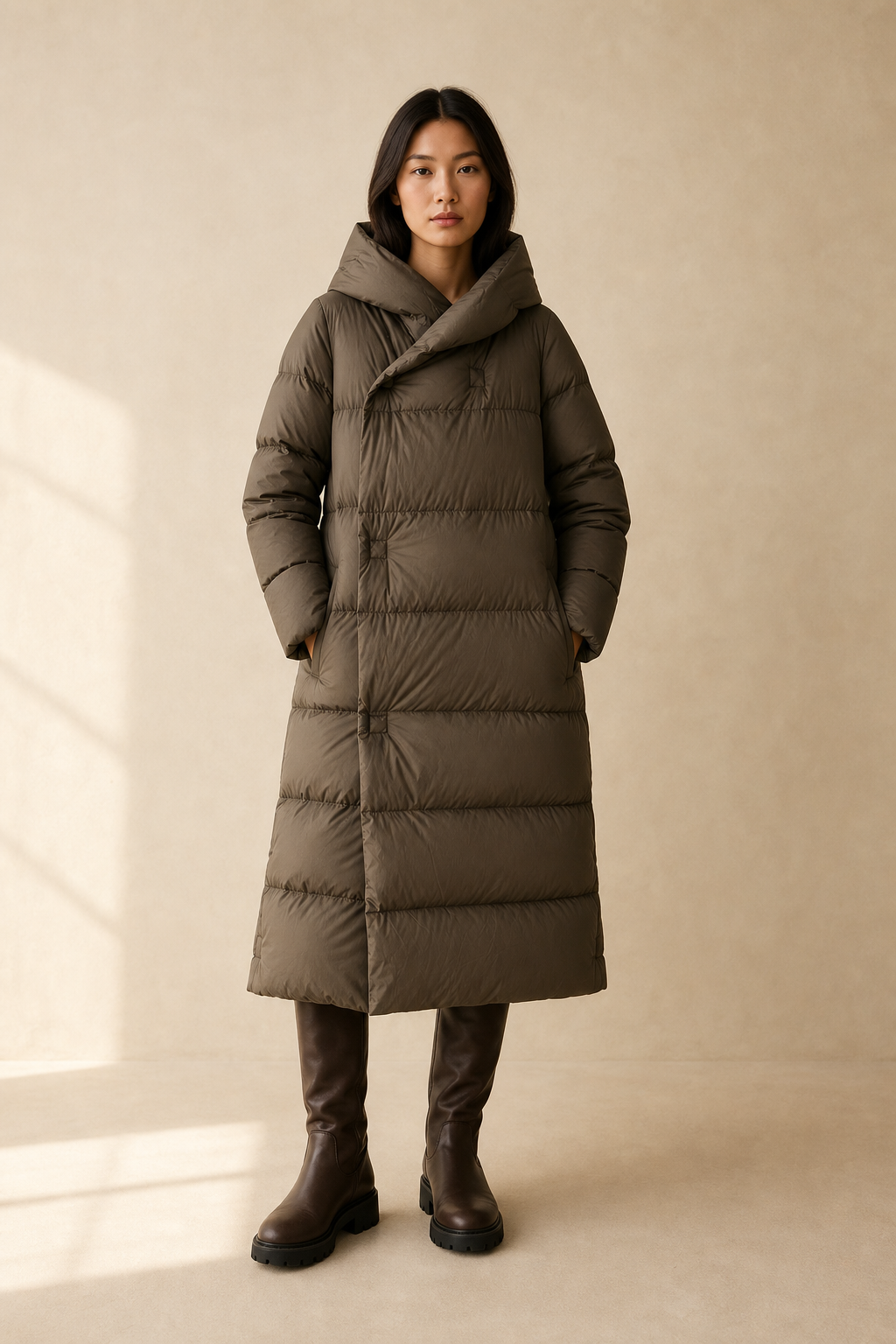 Model wearing a long black puffer parka with oversized fit and structured hood, styled with cream trousers and black ankle boots_10