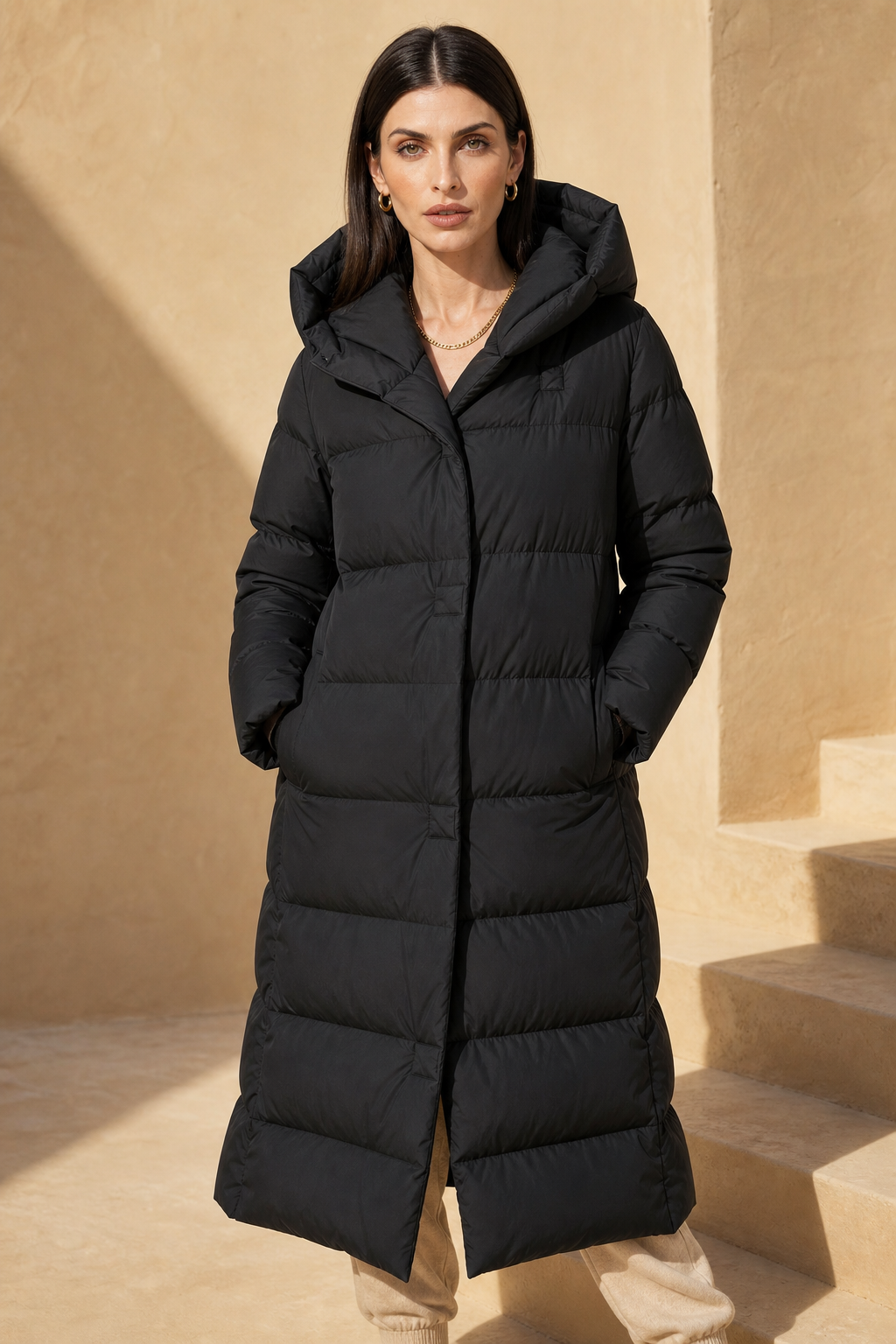 Model wearing a long black puffer parka with oversized fit and structured hood, styled with cream trousers and black ankle boots_11