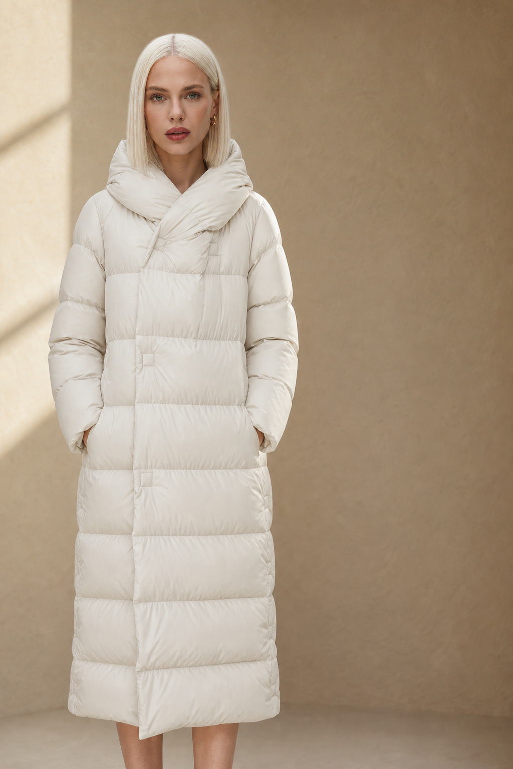 Model wearing a long black puffer parka with oversized fit and structured hood, styled with cream trousers and black ankle boots_13